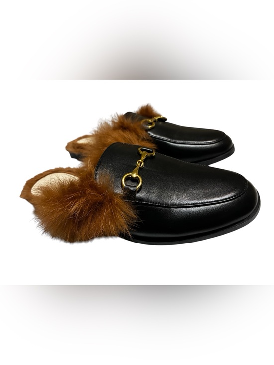 Shoes - Black Leather Fur-Trim Mule with Gold Horsebit